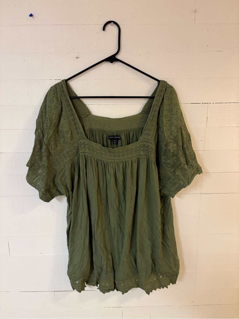 Lane Bryant 22/24 Olive Green Lace Eyelet Boho Plus Size Blouse
